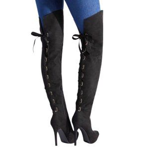 NWOB- Faux Suede Thigh High Gold Lace Up Back Boot Size 8